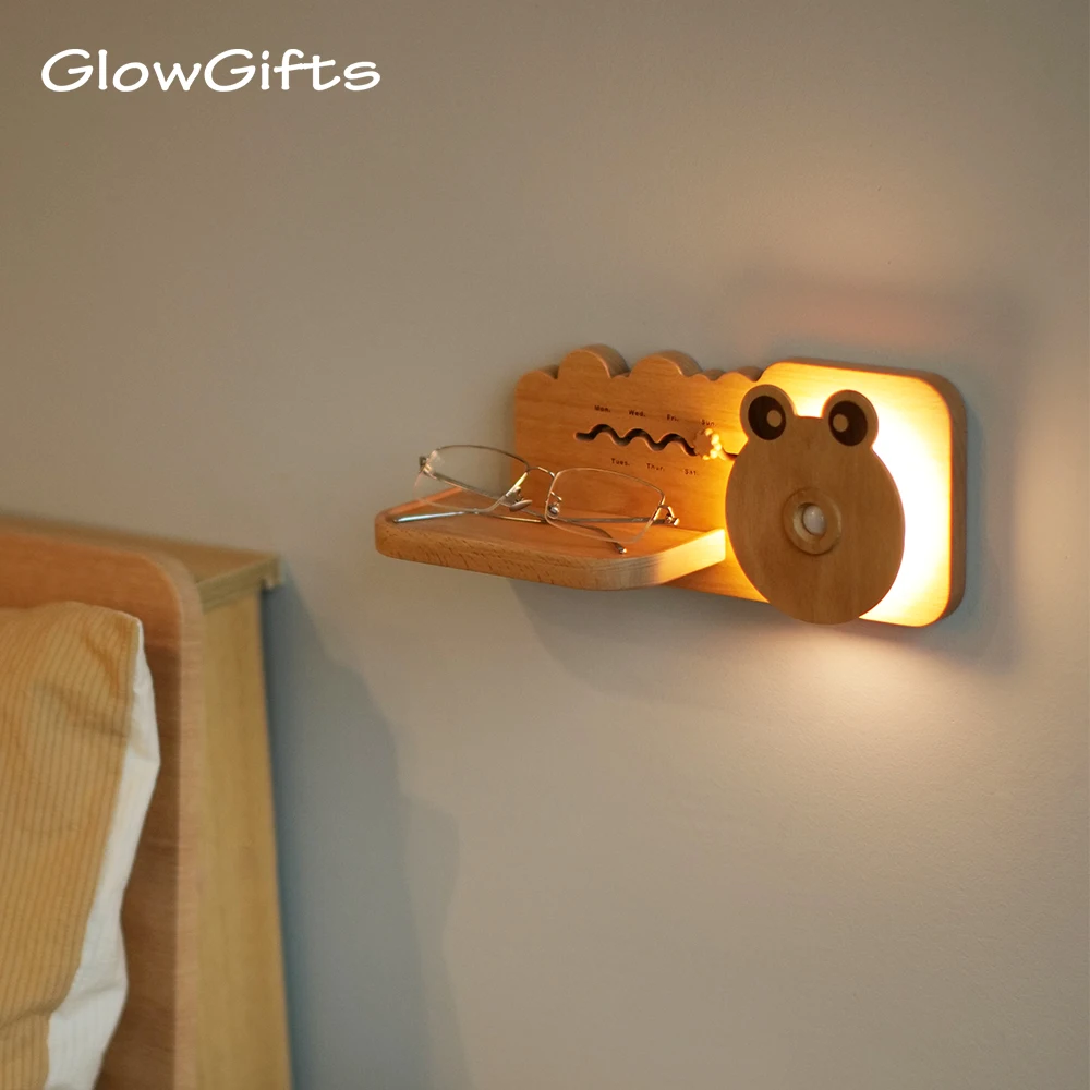 Cartoon Wall Lamp LED Smart Human Body Sensor Night Light Magnetic Wood Cute Frog Wall Lamp w Storage Hook Tray Birthday Gifts