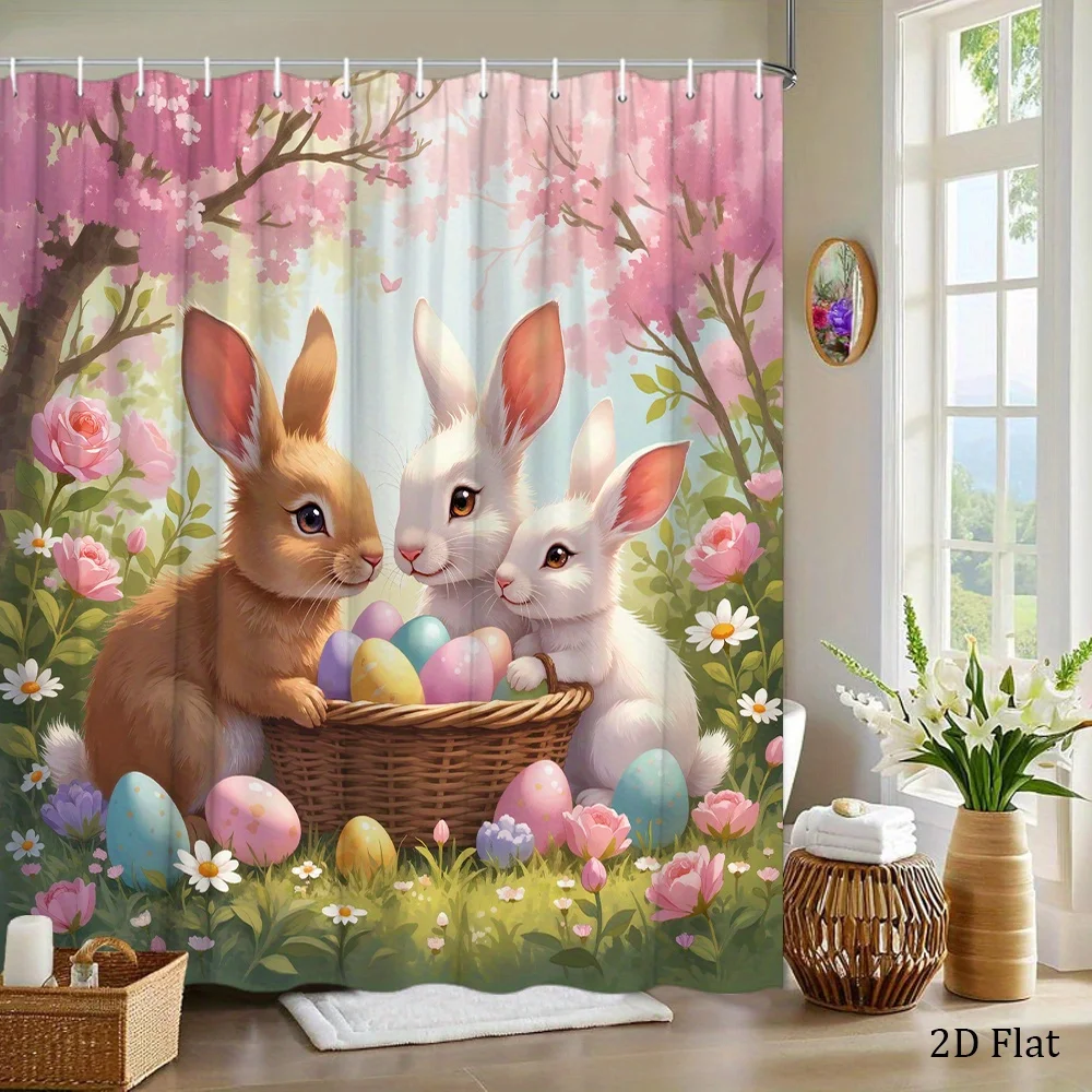 1pc Playful Rabbit Garden Shower Curtain with Fluffy White & Brown Bunnies, Easter Eggs & Pink Cherry Blossoms - Spring Bathroom