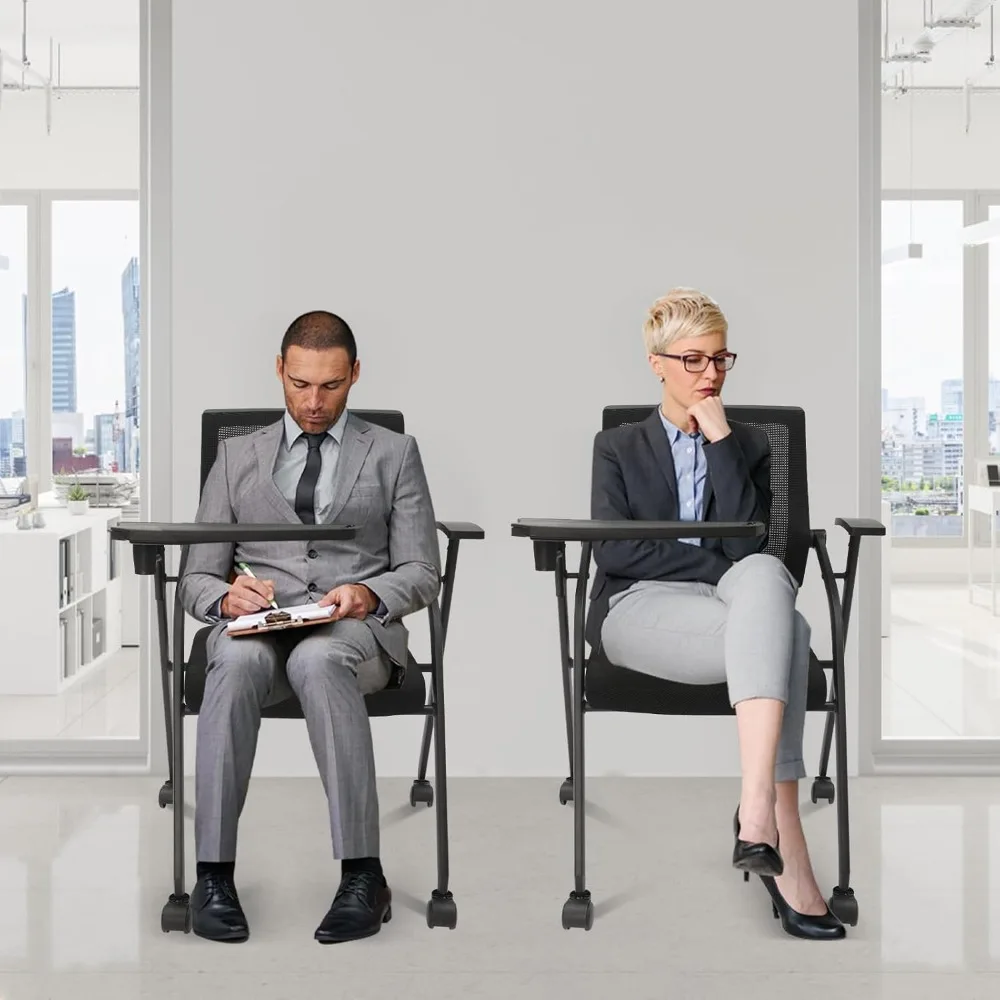 2 Pcs Foldable Conference Room Chair, Stackable Tablet Arm Chair with Wheels, Ergonomic Lumbar Support & Thickened Sponge Seats