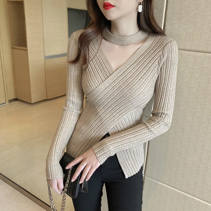 2024 Women Spring Halter Neck Sweater Slim Stretch Sexy Pullovers Long Sleeve Good Quality Women Fashion Sweater Tops