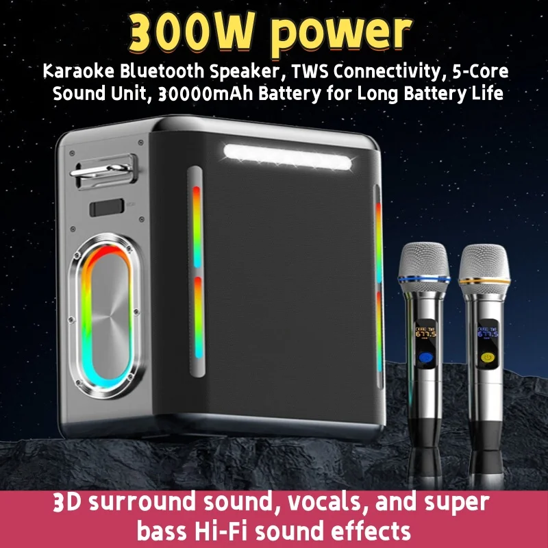 Outdoor Karaoke Bluetooth Speaker Waterproof and Portable RGB Color Lights Wireless Subwoofer 360-degree Surround Sound System