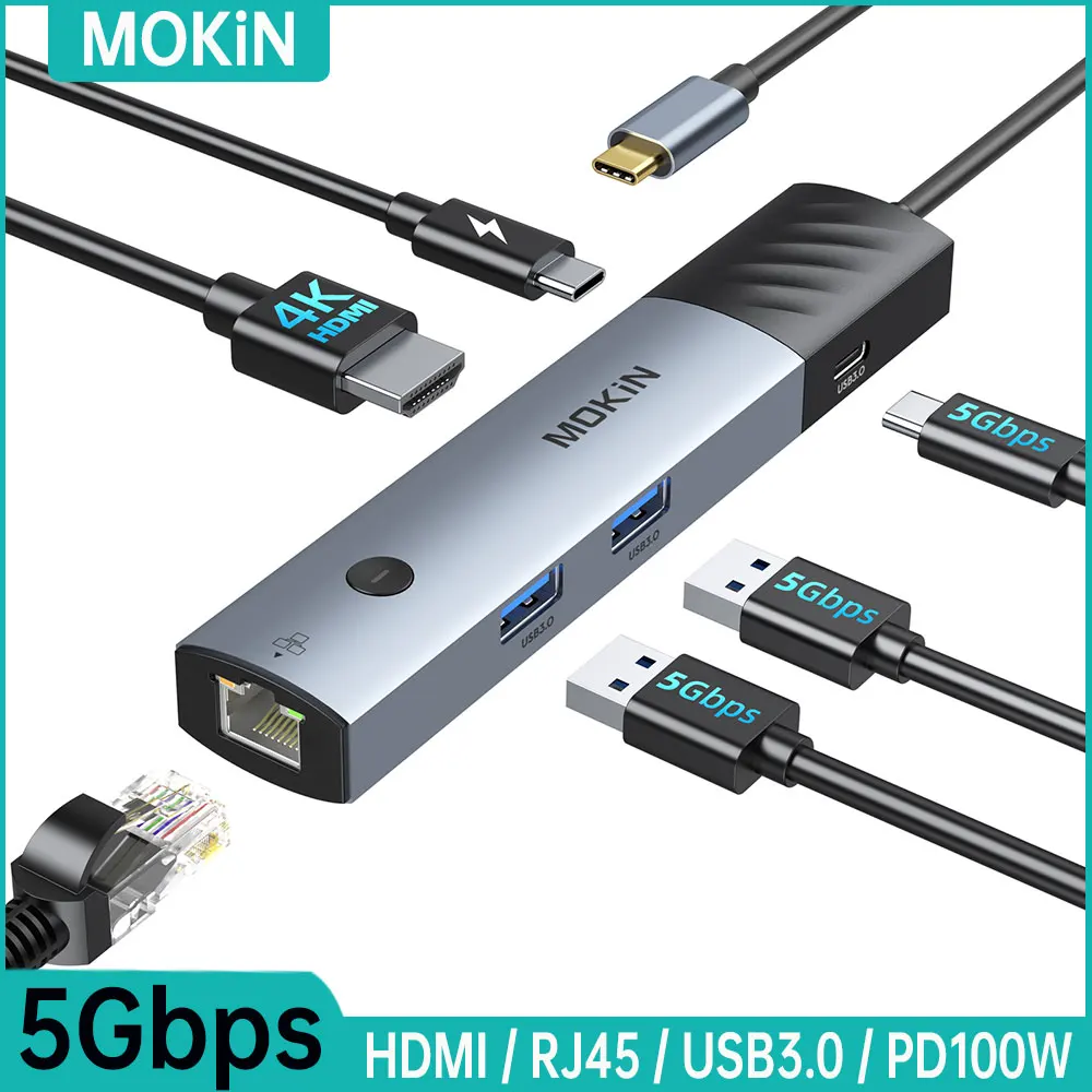 

Мультипортовый адаптер MOKiN USB C Hub с 4K60Hz HDMI, 3USB 3,0, Gigabit Ethernet,PD 100W адаптер для MacBook Air/Pro Аксессуары для ПК