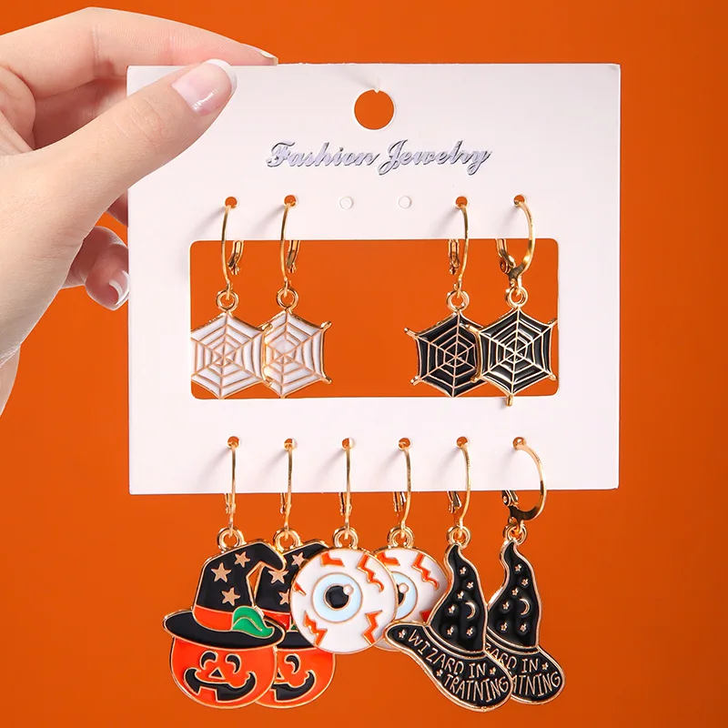 European chic accessories Halloween series pumpkin ghost earrings cartoon funny eyes spider stud earrings set view 5