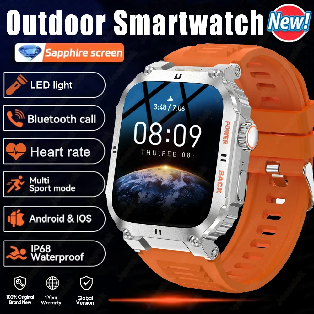 

Outdoor Military Rugged Smart Watch Men's 1.91 Inch HD Flashlight Heart Rate Monitor Full Screen Touch Bluetooth Call Smartwatch