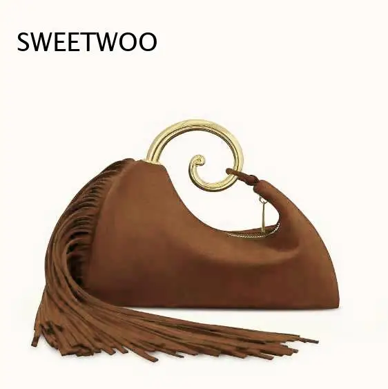 Burgundy Suede Evening Clutch Bag Spiral Gold Metal Ring Handle Long Fringe Detail Luxury Formal Wedding Party Handheld Purse