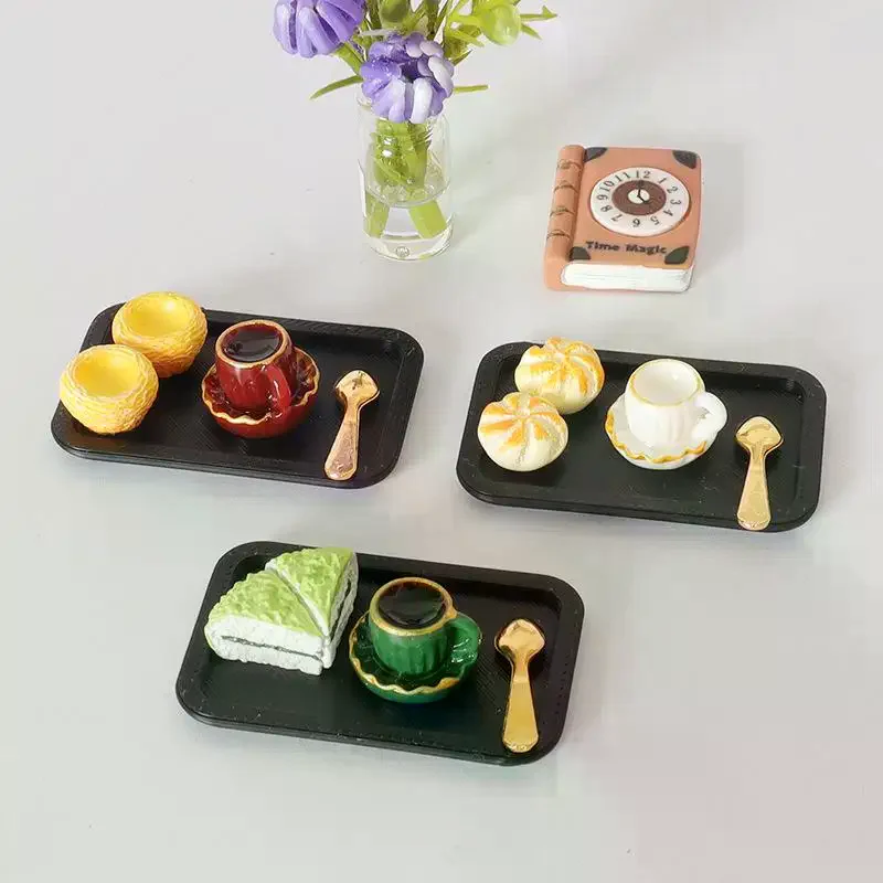

5Pcs Dollhouse Miniature Afternoon Tea Coffee Dim Sum Tray Set Model For Doll House Kitchen Decor Kids Pretend Play Toys Gift