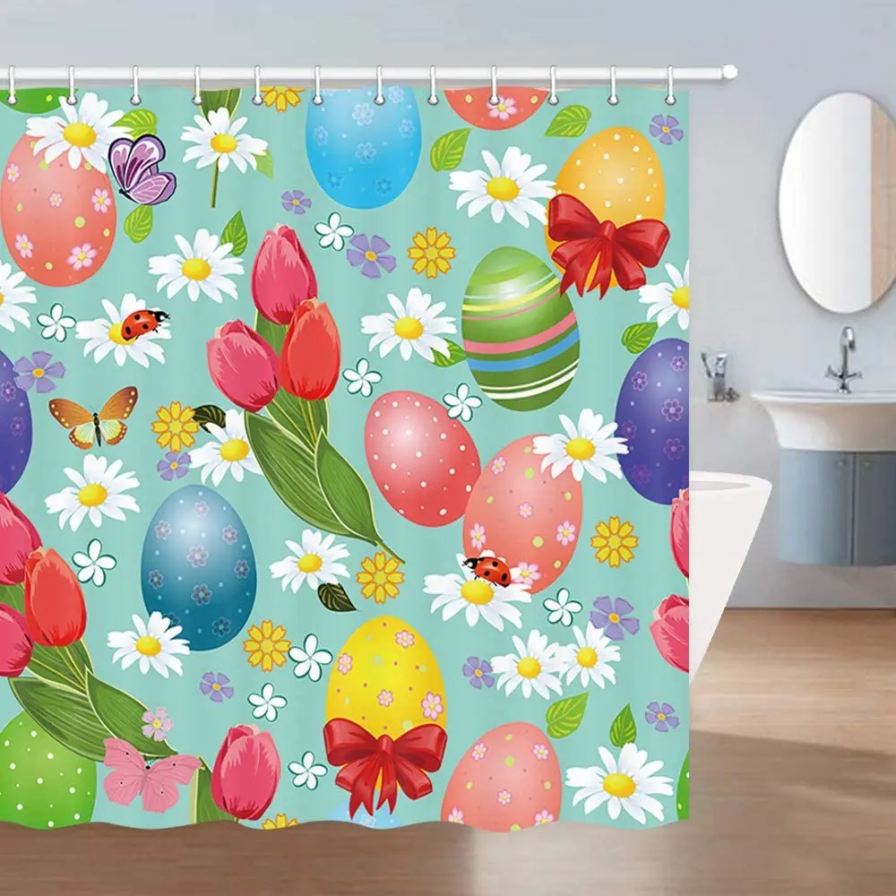 Happy Easter Shower Curtain Easter Background with Eggs Flowers Daisy Rosehip Polyester Fabric Bath Curtains Set with Hooks