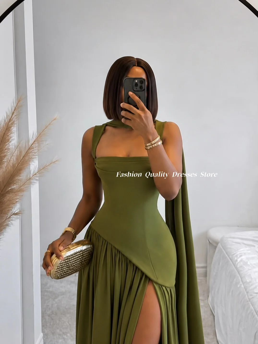 Evening Dress Olive Green Slim Corset Long Dress Square Neck High Slit With Cape Floor Length Host Evening Formal GownCustomized