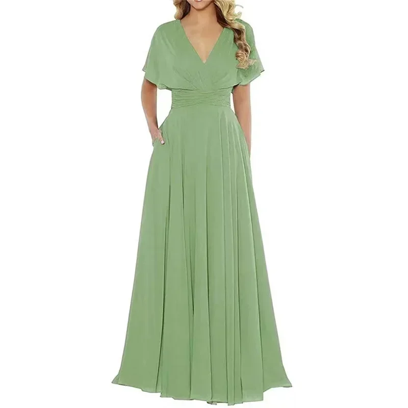 

Deep V-neck Slim Waist Formal Occasion Dresses Temperament Butterfly Sleeves Homecoming Dresses Wedding Guest Chiffon Gown