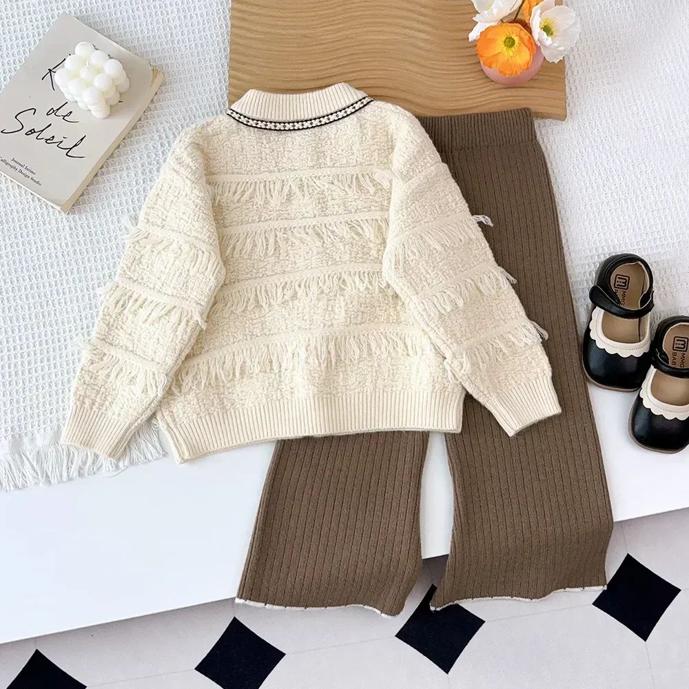 Autumn/Winter Knitted Sweater Sets Solid Color Tassel Cardigan+Pants Two-piece Set Korean Version Girl Clothes for 2-6 Years Old