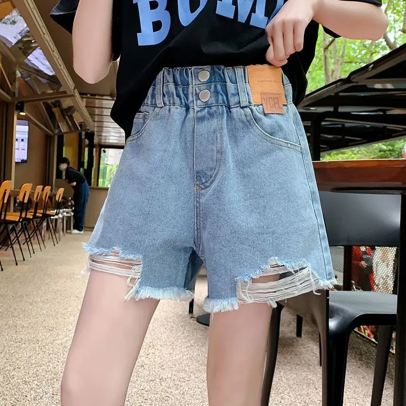 Kids Child Elastic Waist Fashion Hole Design Shorts 2026 Summer Teen Girls Denim Shorts Clothes New Arrival  Age 5-14 Years Old
