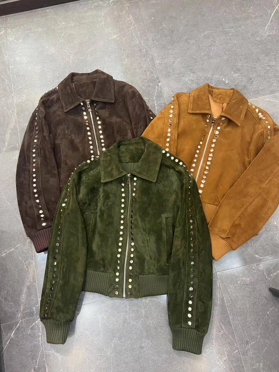 Vintage Brown Women's Genuine Suede Kid Leather Jacket 2025 Rivet Style Premium Anti-Cold  Retro Fashion Coat