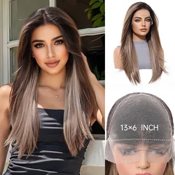 EASIHAIR 13*6 Lace Front Synthetic Wigs for Women Brown Ombre Long Straight Wigs With Dark Roots Natural Hairline 22in Lace Wig