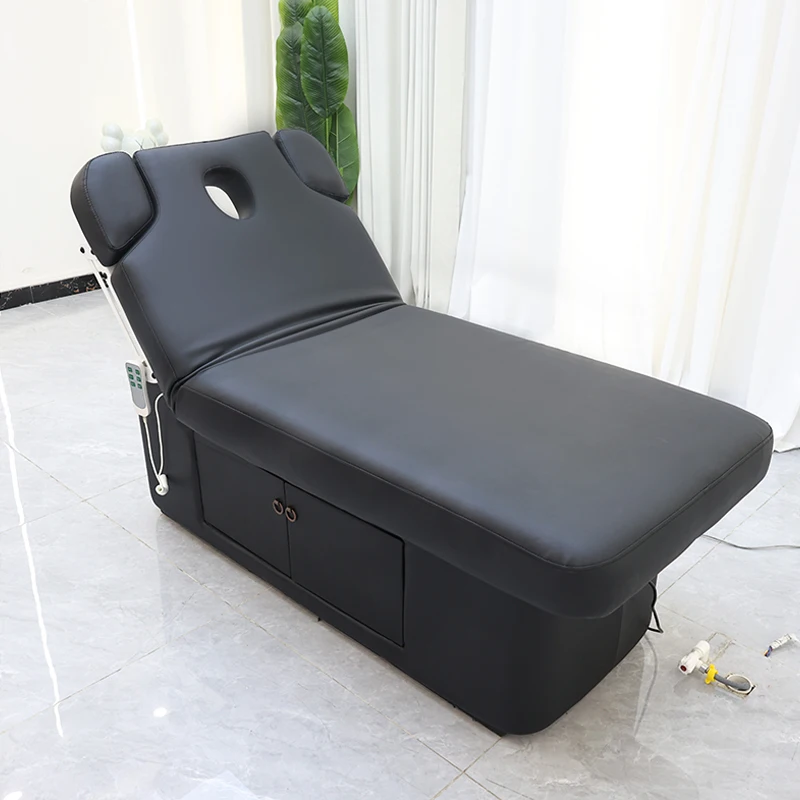 Electric Facial Bed Black PU with Face Hole Built-in Storage Cabinet Adjustable Backrest Massage Table for Beauty Salon Spa Clin