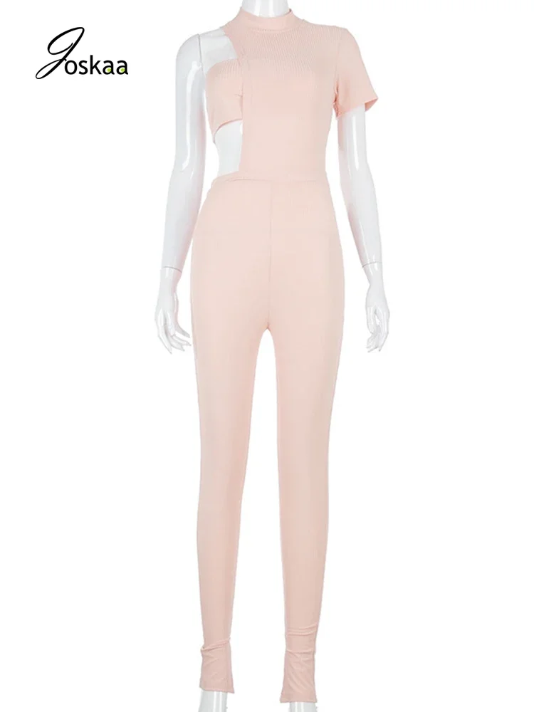 Joskaa Ribbed Women Jumpsuit Autumn Short Sleeve One Shoulder Sexy Club Rompers Hem Sporty Femme Clothes Summer Rompers Overall