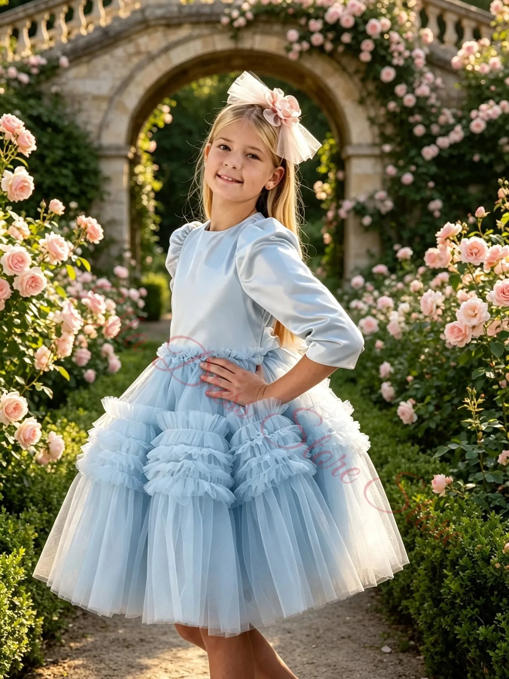 Einfach Anpassbares Blumenmädchenkleid für Hochzeiten, Satin-Tüll, Knielang, Kindergeburtstagsfeier, Erstkommunion, Ballkleid, Großhandel – Detail 3