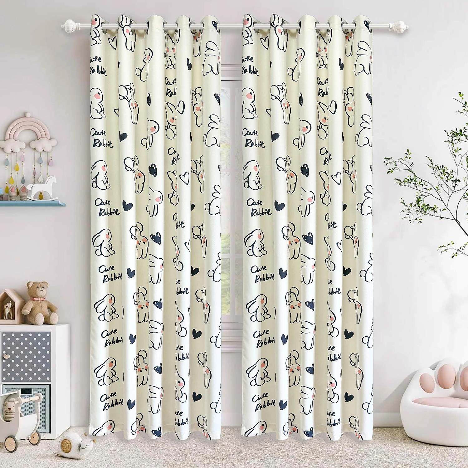 

Cartoon Rabbit Lines White Blackout Curtain For Kids Bedroom Cotton Linen Children's Room Window Drapes Modern Home Decor