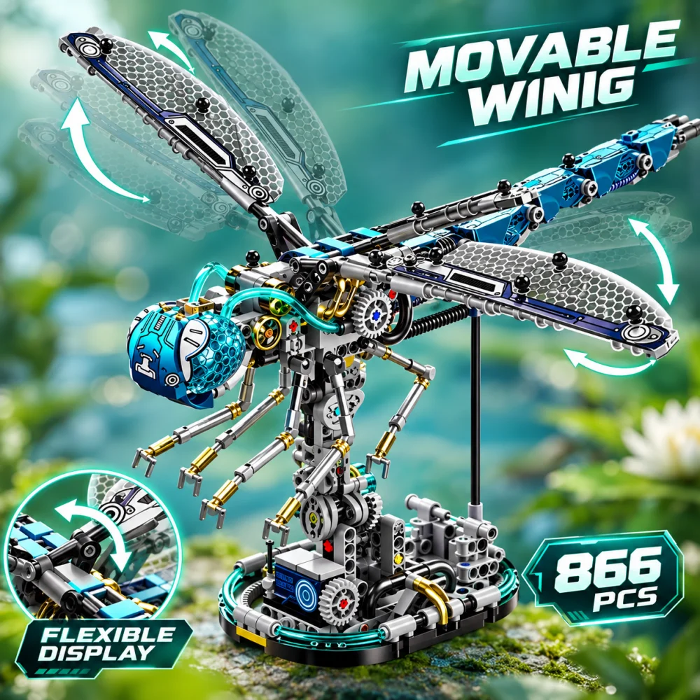 866Pcs Mechanical Dragonfly Building Set Flapping Wings Insect Series Light Power Module Creative Christmas Birthday Gifts Toy