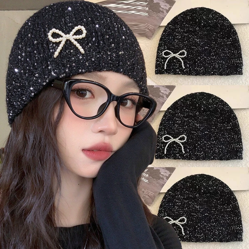 Imitated Pearls Bow Black Shiny Sequined Knitted Hat Elegant Ladies Fashion Autumn Winter Comfortable Flaring Glitter Beanies