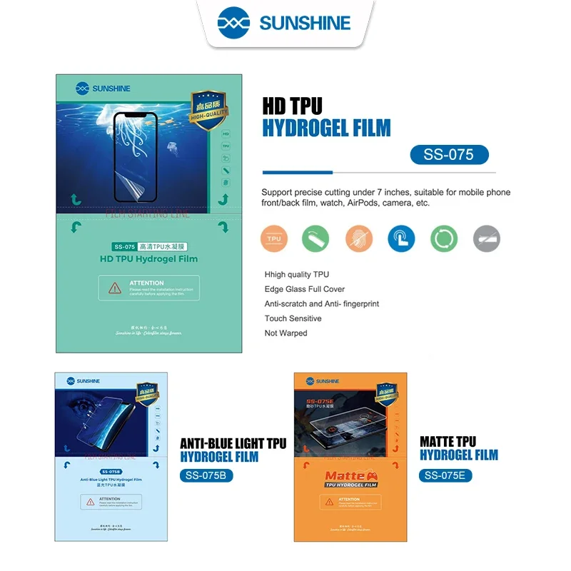 Top Quality 50pcs New Original Sunshine SS-075 HD Hydrogel Film, Auto repiar, With Cutting code, Anti-blue matte film,TPU