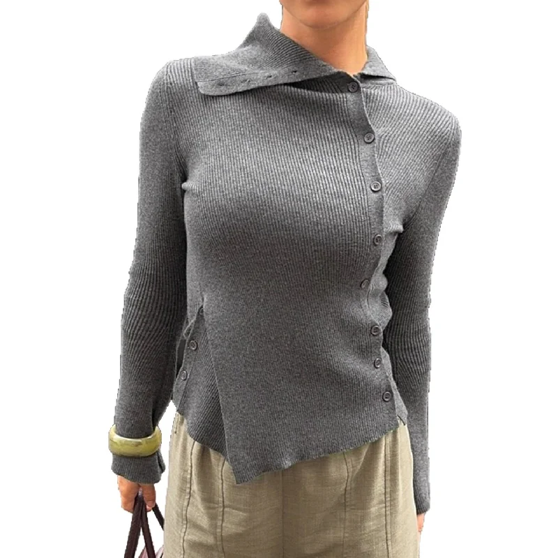 

Grey Chic Cardigan Fashion Irregular Single Breasted Patchwork Long Sleeve Top Autumn Vintage Office 2025 Women Knit Top