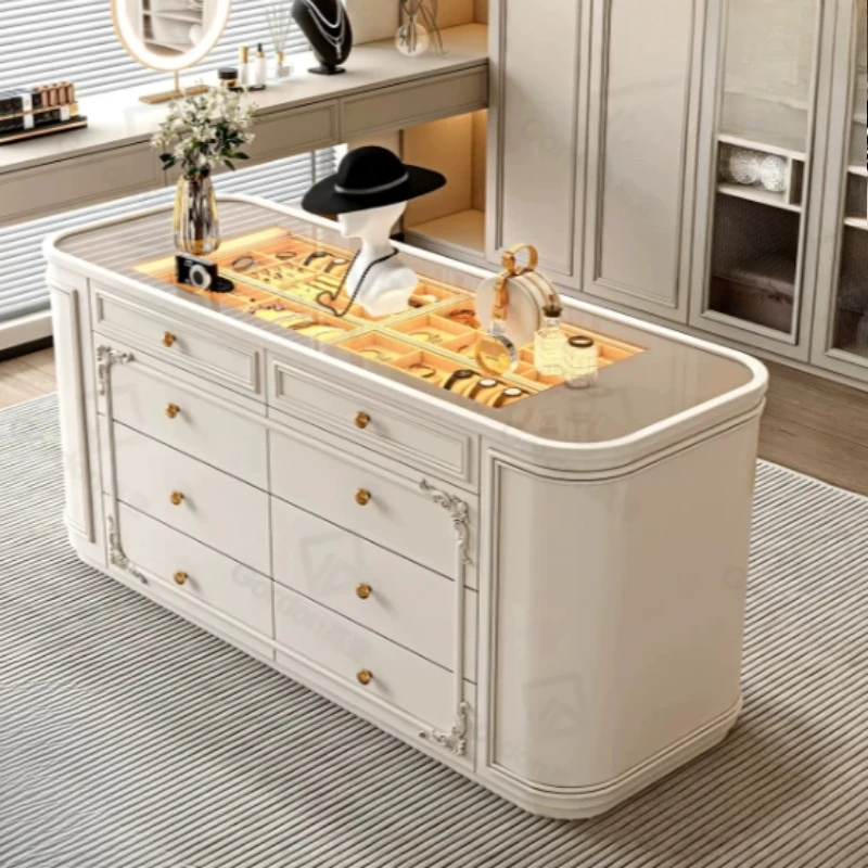 

French Modern Cabinet Led Light Luxury White Design Cabinet Wooden Storage Gabinete De Almacenamiento Living Room Furniture