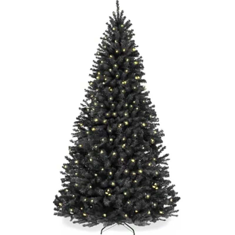 Artificial Christmas Tree, 9ft Premium Pre-Lit Realistic Spruce Holiday Décor w/Dense Branches, Metal Base - Black