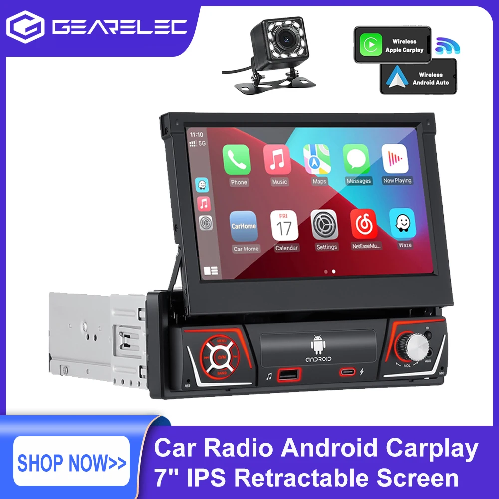 1 Din Car Radio Android Carplay Auto Universal 7 IPS Retractable Screen GPS Navigation 1Din Android 12 Multimedia Video Player