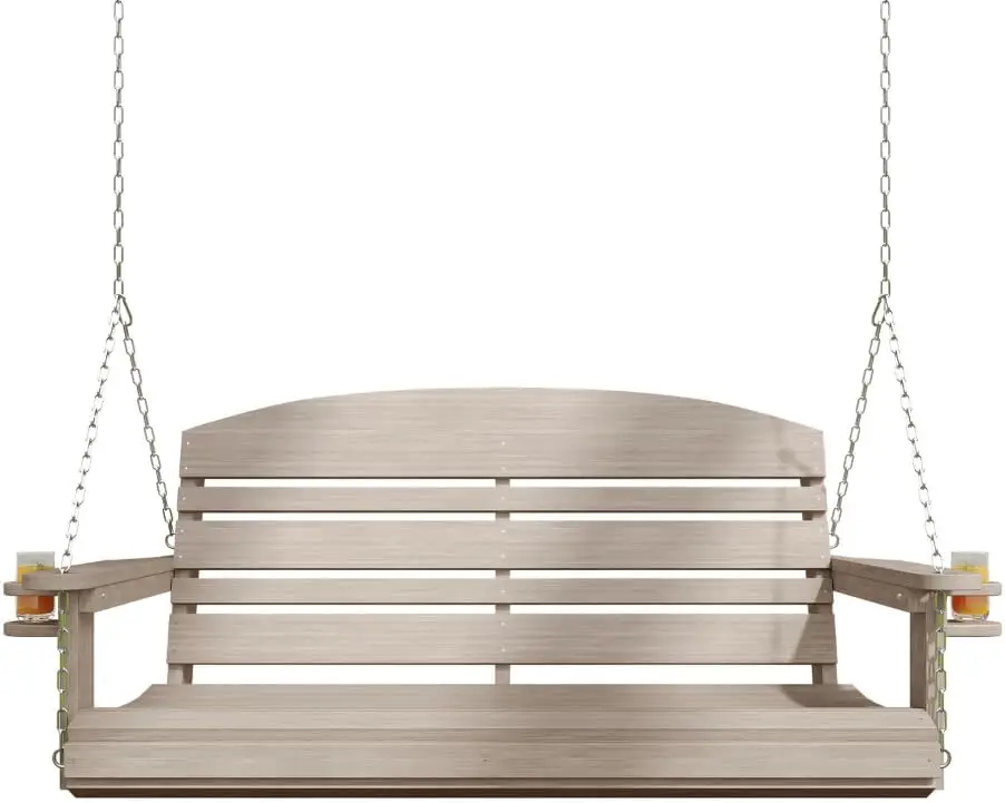 Clássico plástico reciclado Porch Swing, acabamento Weatherwood, composto Poly Swing com correntes penduradas incluídas