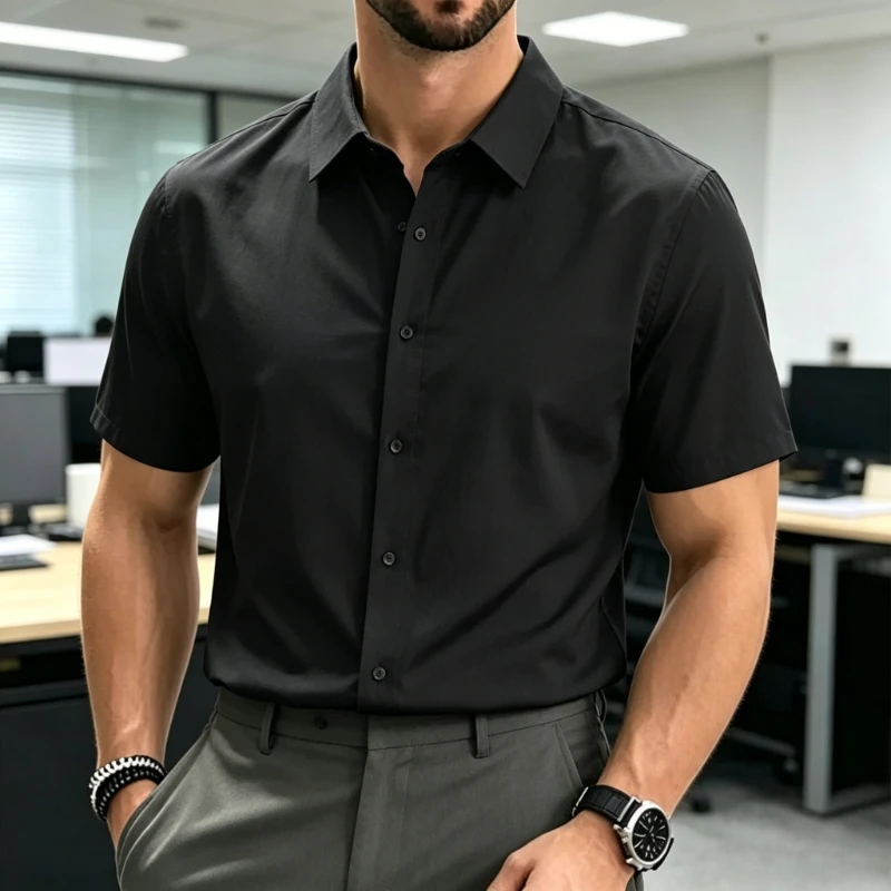 Ice Silk Short Sleeve Shirt Men's Summer Anti-Wrinkle Business Casual Loose Fit Shirt Youthful Button Iron-Free Black Work Shirt