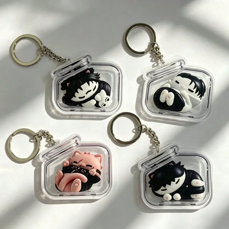 4pcs Cute Jujutsu Kaisen Mega Cat Keychain Good Night Nyanko Bottle Pendant Gojo Geto Fushiguro Anime Figure Bag Charm Fans Gift