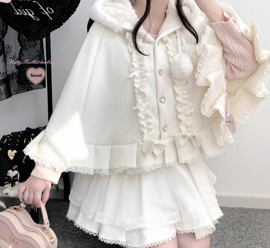 

New Autumn and Winter Cute Bow Plush Hooded Cloak for Women Girls Lolita Lace Edge Fleece Ponchos Furry Warm Cape Coat