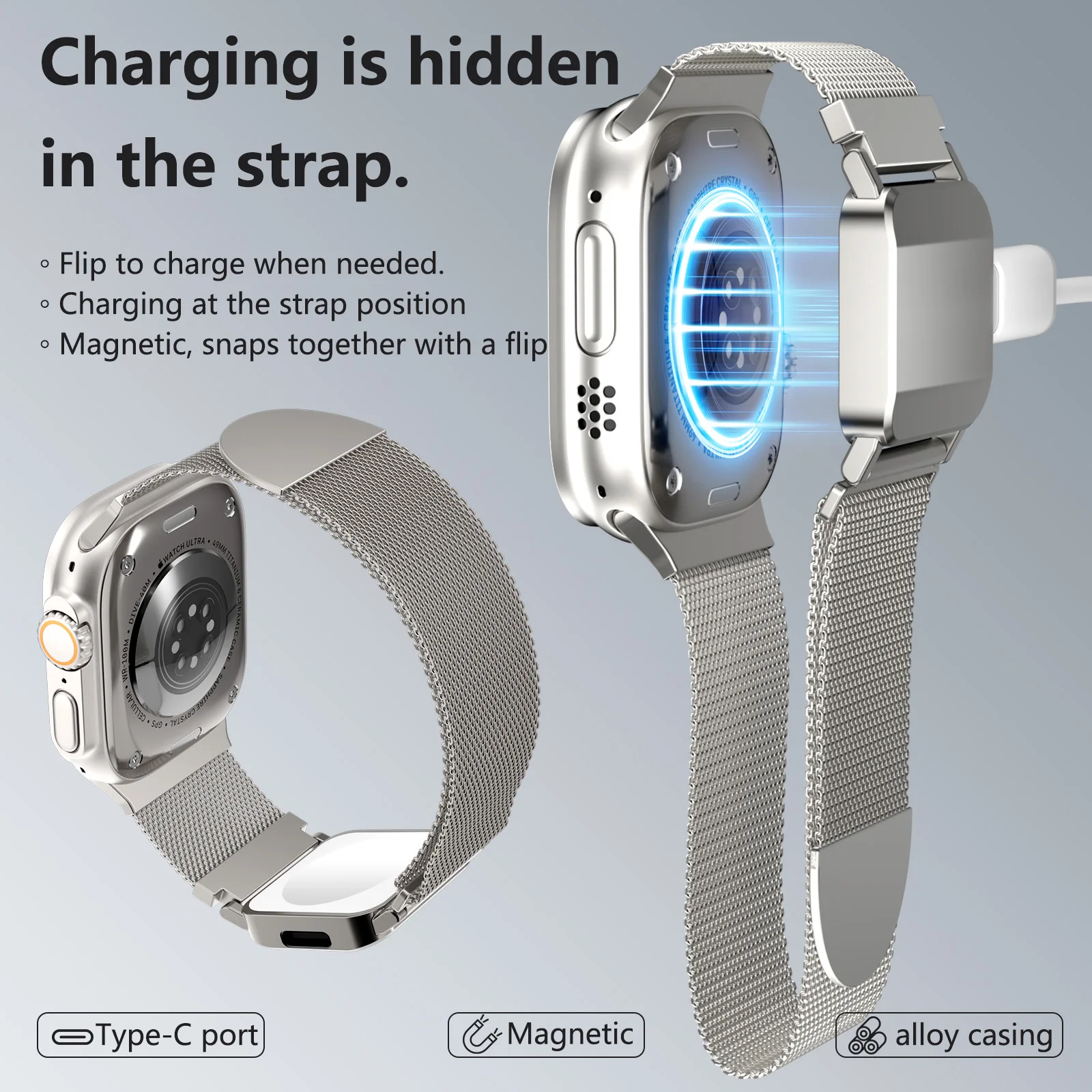 For Apple Watch Series/Ultra/SE Full Series 2in1 Aluminum Alloy Band with Magnetic Wireless Charger IP68 Waterproof