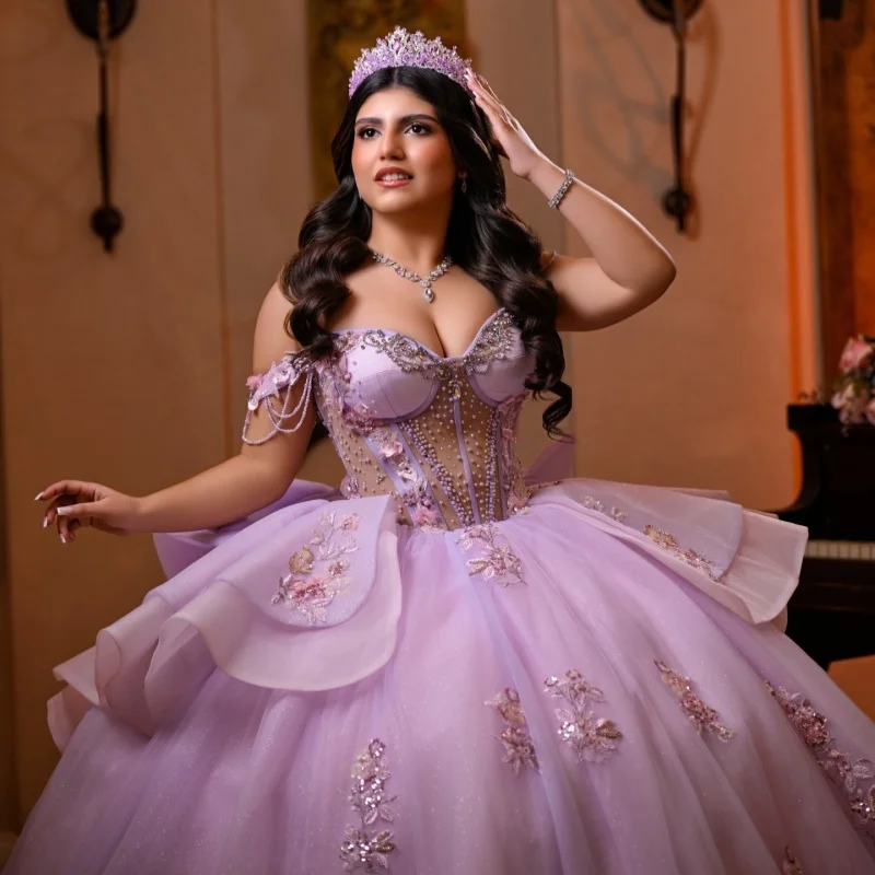 

Lavender Quinceanera Dresses Off the Shoulder Sequin Flower Crystal Decal Long tail Bow Vestidoe 15 Quinceanera Customize