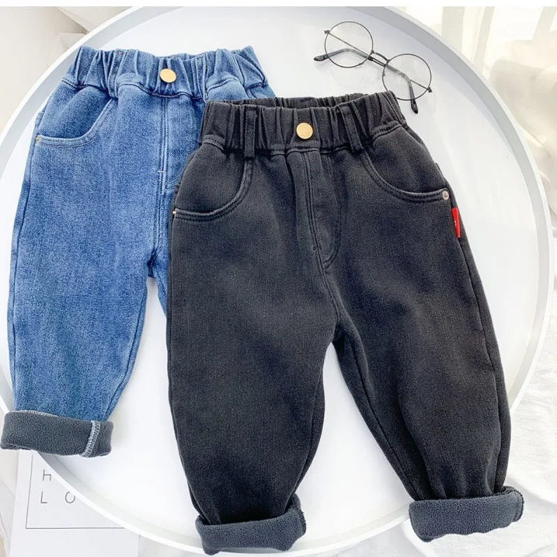 Kinder Winter Warme Jeans Kinder Plüsch Dick Bequeme Elastische Taille Hosen Jungen Outdoor Casual Thermohosen