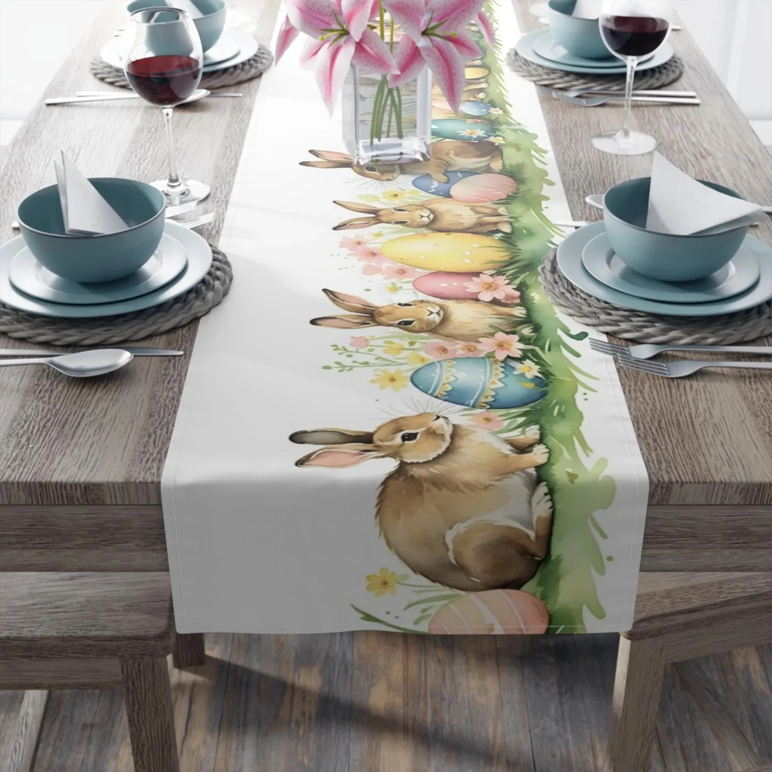Osterhasen-Familien-Tischläufer, Einweihungsgeschenk, Boho, Bauernhaus-Dekoration, Landhausstil, Geschenk für Familienakzent