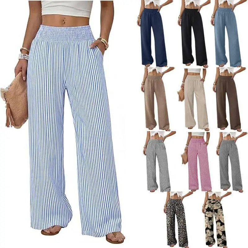 Loose High Waist Wide Leg Pants Women's Casual Trousers Cross-Border Fashionable Elastic Waist Design Polyester Fiber
