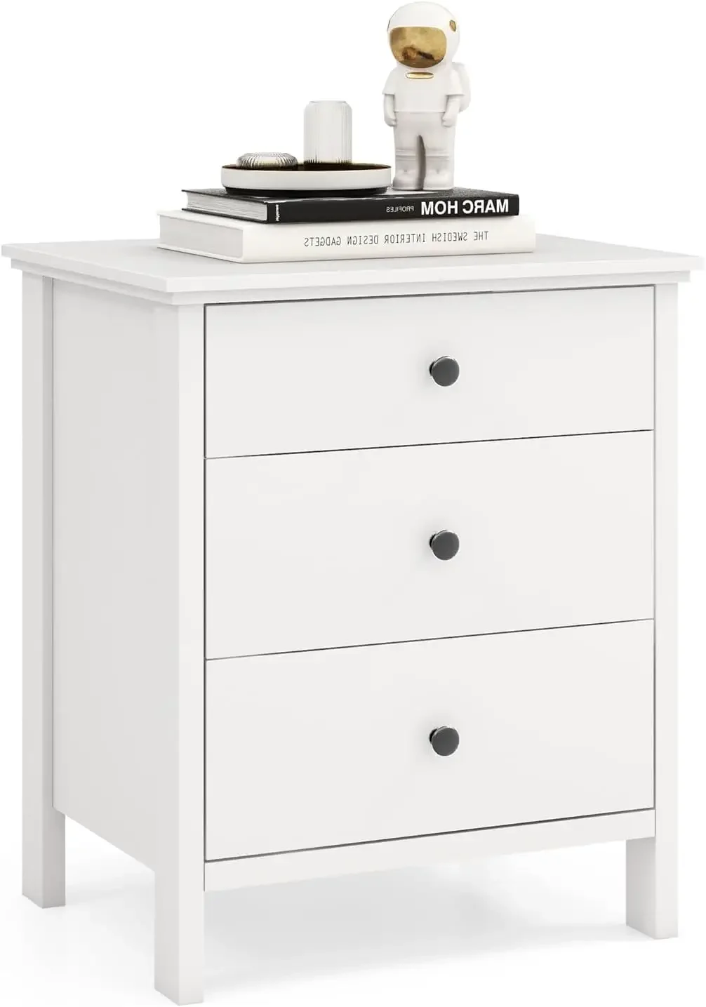 Nightstand with 3 Drawers, Wooden Side End Table with Solid Wood Legs, Retro 3-Drawer Bedside Table Night Stand for