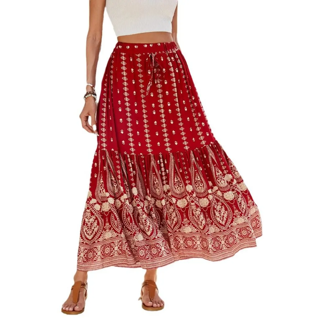 

Women's Bohemian Beach Dress European And American Style Spring Summer New Printed Stitching Skirt for Ladies