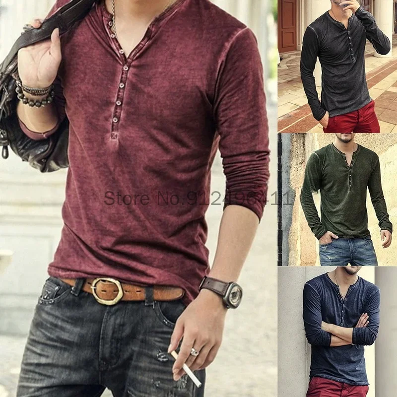 Men Medieval Tee Shirt V-neck Long Sleeve Tee&Tops Stylish Slim Buttons T-shirt Autumn Casual Solid Male Clothing Maxi  Top