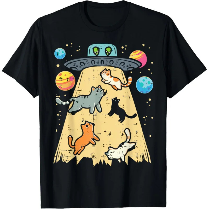 

Men's and Women's Sports and Leisure New Fashion Short sleeved Alien Kidnapping Cat UFO Space T-shirt Black