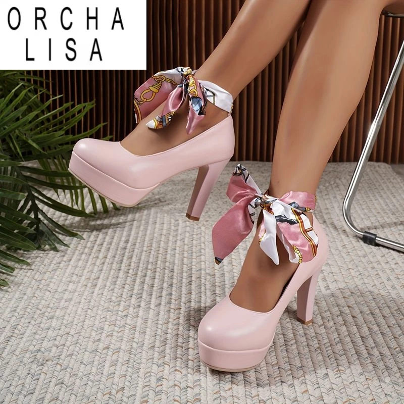

ORCHA LISA 2025 New Design Women Pumps Round Toe Block Heels 10cm Platform Slip On Plus Size 41 42 43 Fashion Dating Party Shoes