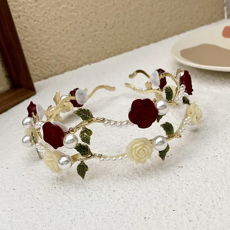 Diadema de perlas rosas Retro de gama alta tocado con horquillas señoras elegante diadema de vid rosa accesorios para el cabello para niñas