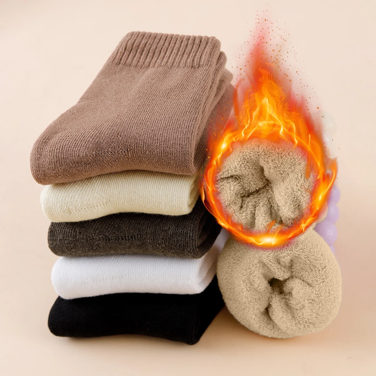 5 Pairs Of Autumn And Winter Unisex Simple And Fashionable Solid Color Series, Versatile, Soft And Comfortable, Warm Looped Sock