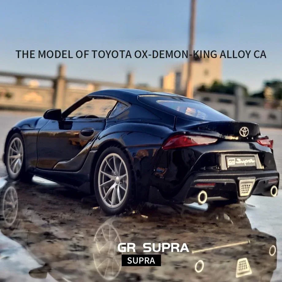 1:32 스케일 휠 다이캐스트 자동차 금속 모델 빛과 소리 모든 새로운 Toyota Supra 스포츠카 풀백 차량 합금 장난감