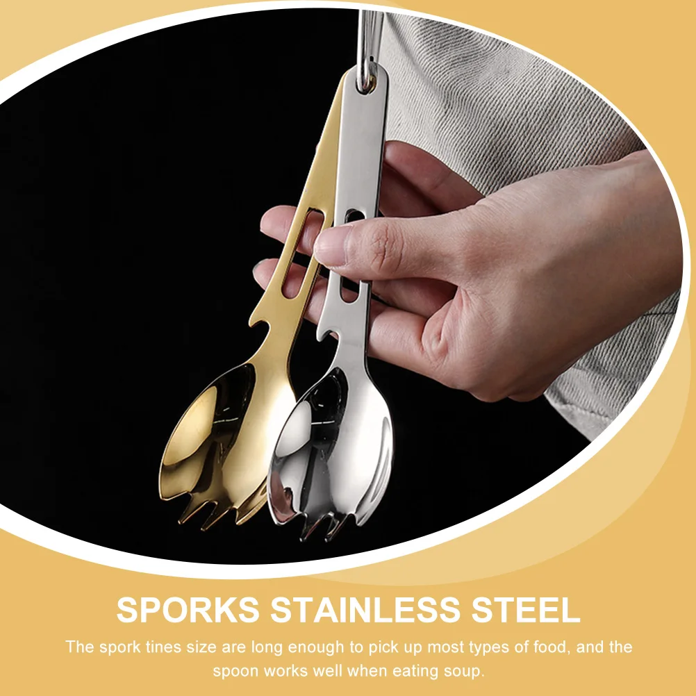 

2pcs Stainless Steel Spork Camping Utensils Multi-Function Bottle Opener Fork Spoon Combine Reusable Outdoor Survival Tools For