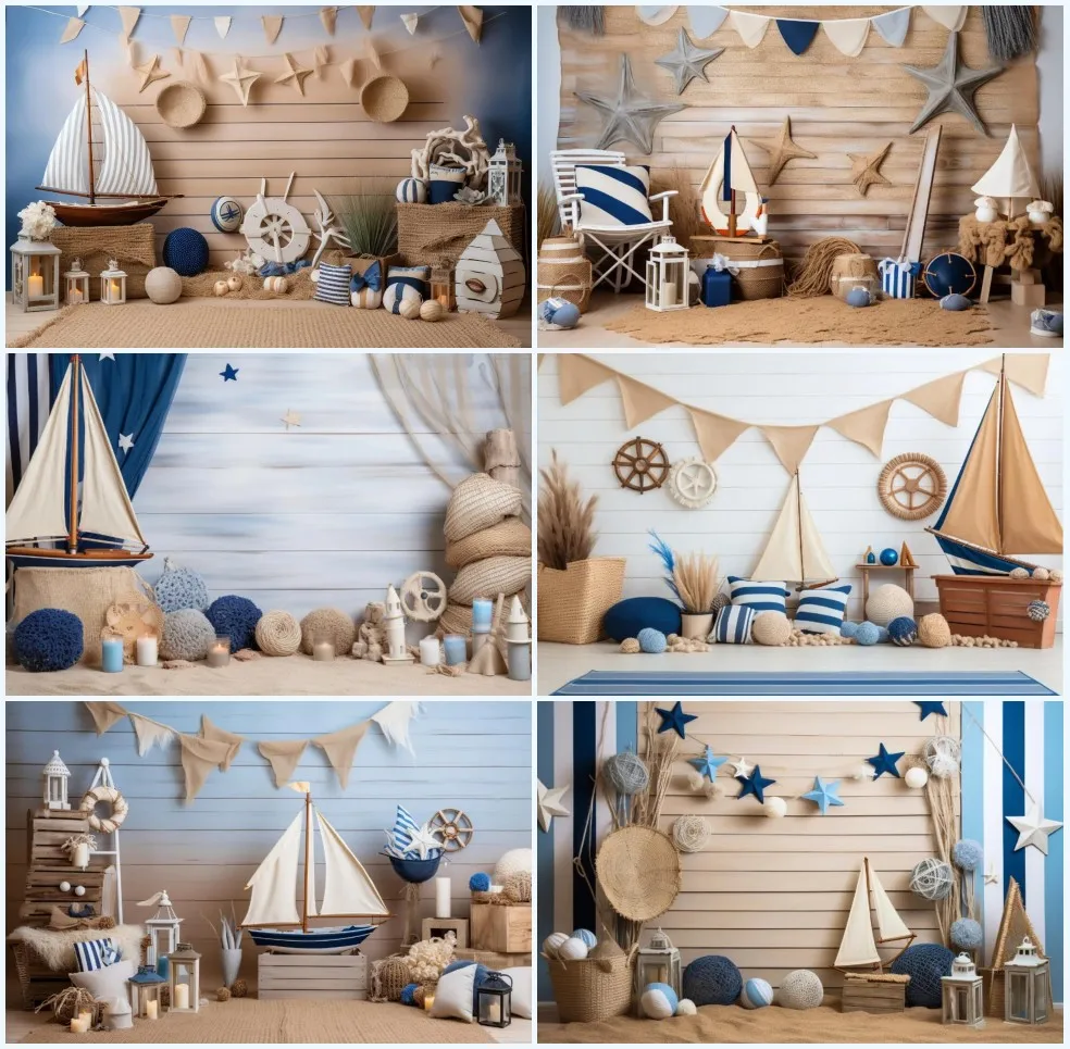 

Mehofond Nautical Backdrops Baby 1st Birthday Newborn Cake Smash Wooden Board Boat Sea Beach Photography Background Photo Studio