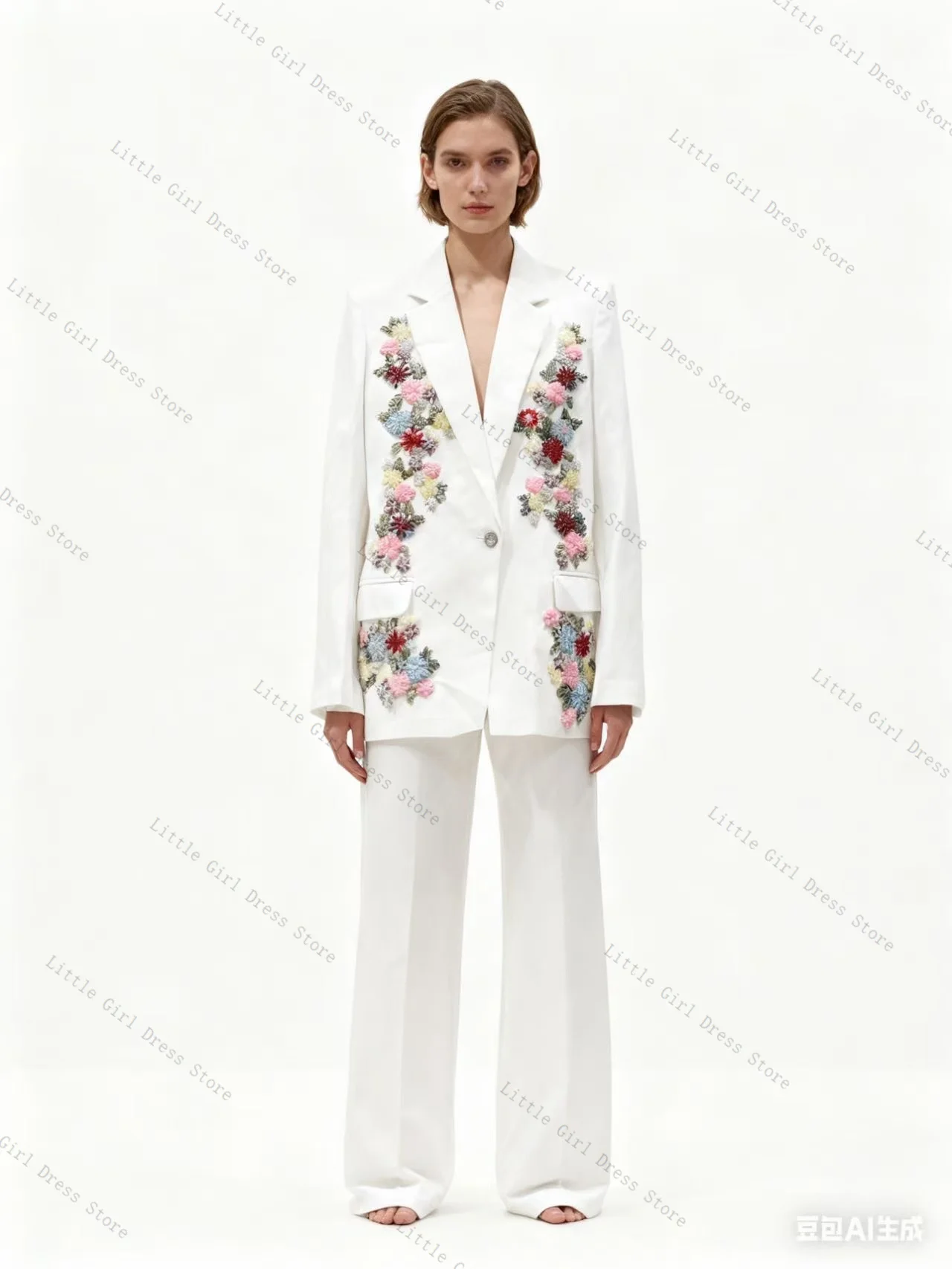 

White Women Suit Set 2 Piece Blazer Pants Trouser Flower Formal Office Lady Jacket Prom Wedding Bridal Cotton Coat Customized