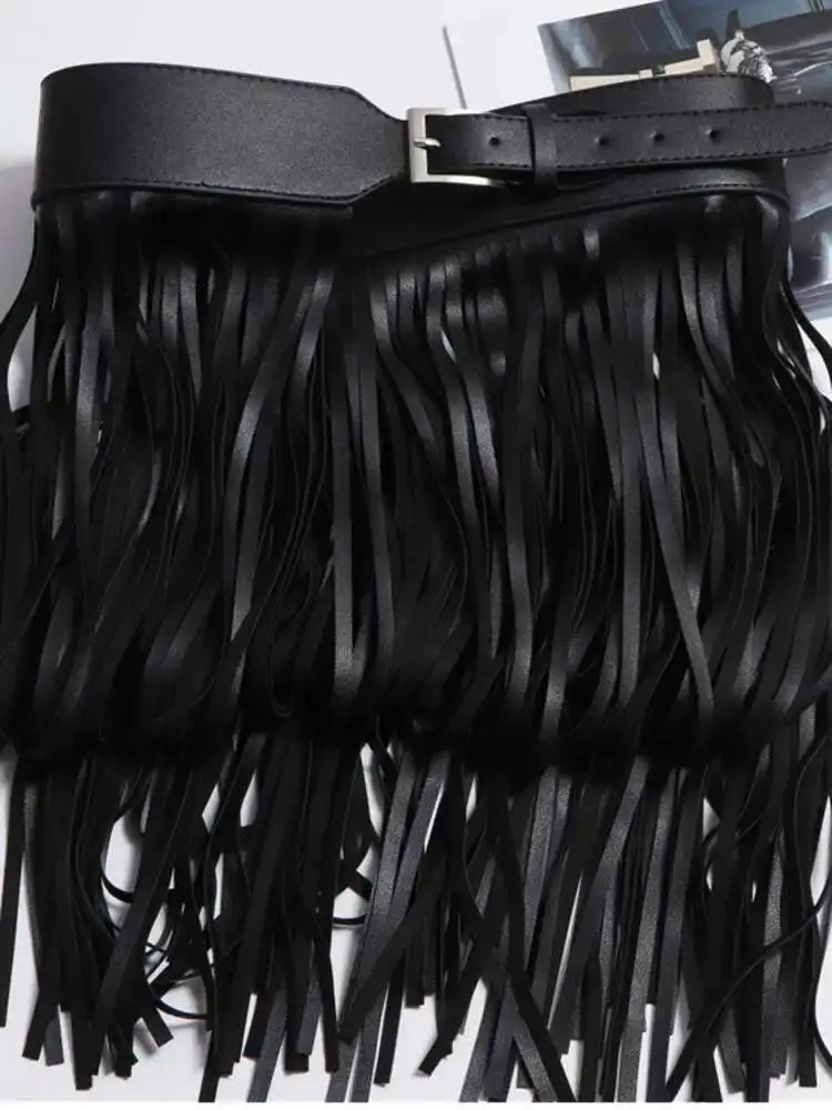LANMREM Basics PU Leather Skirt Women Belt Black Color High Street Decoration Full Tassels Skirts Female New Fashion 2DC1326 4 LANMREM Basics PU Leather Skirt Women Belt Black Color High Street Decoration Full Tassels Skirts Female New Fashion 2DC1326 4