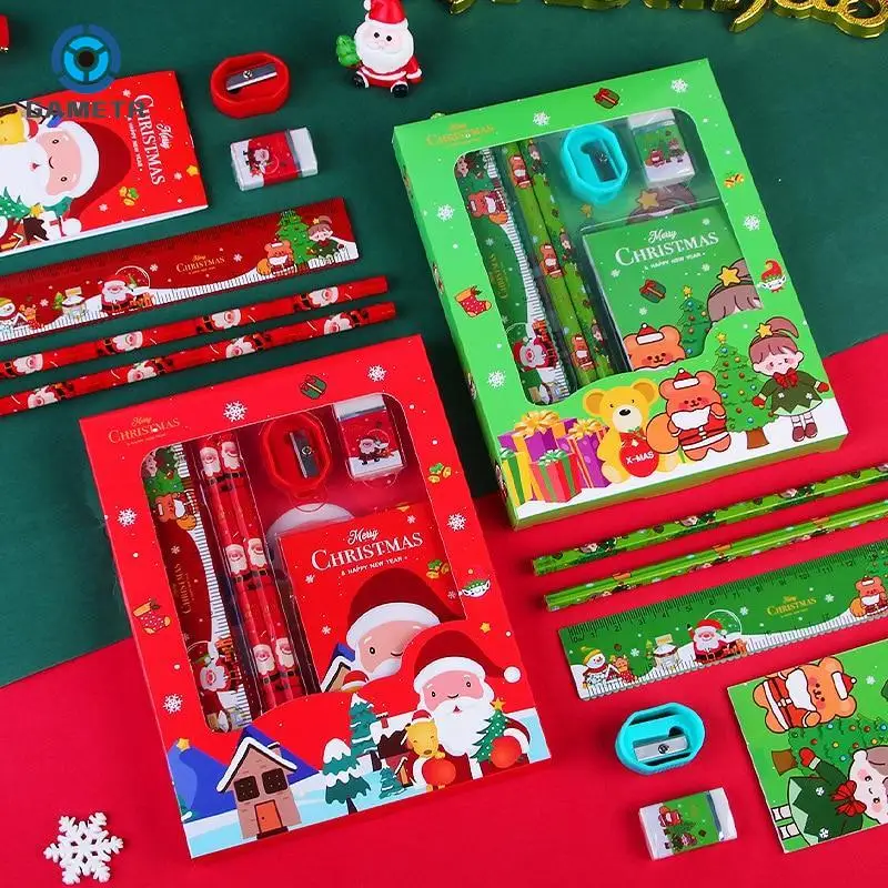 6 teile/satz Weihnachts briefpapier Serie (Lineal + Bleistift + Radiergummi + Bleistift spitzer + Notizblock) Kit Kinder Schreibwaren Geschenke Studenten